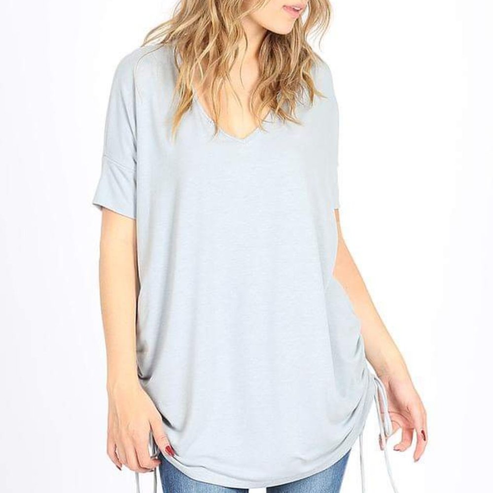New Zenana Premium V-Neck Top Adjustable Ruching Side Tie Lite Gray sz L